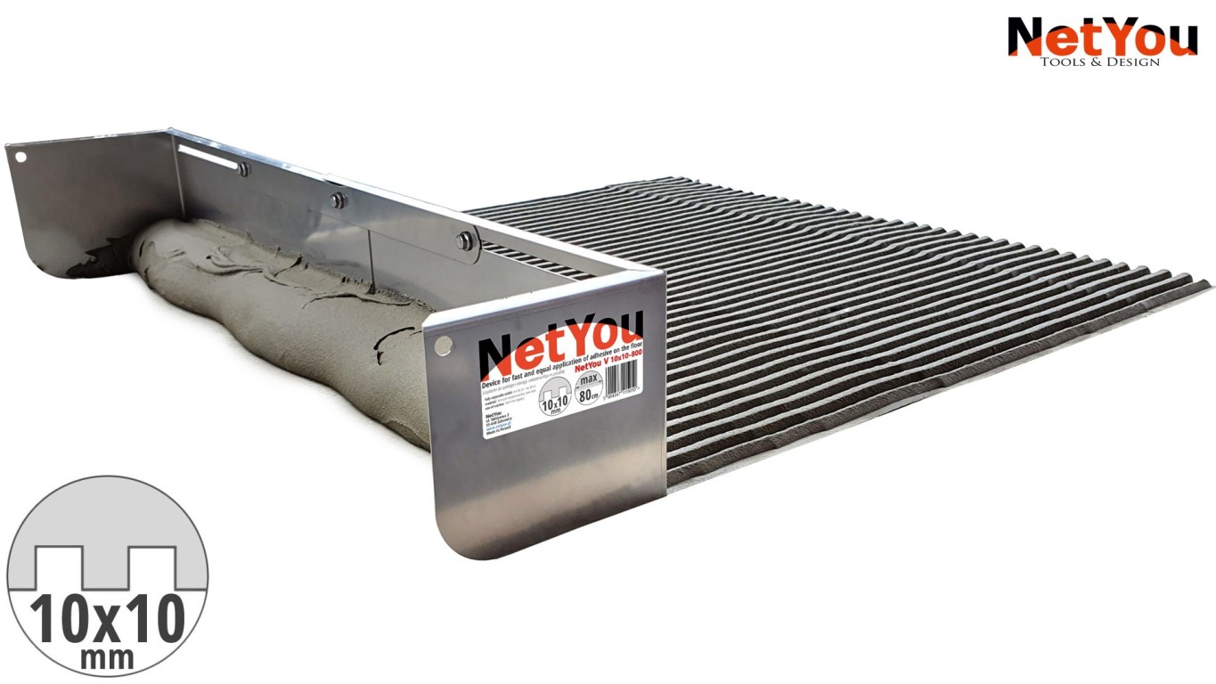 NetYou V - مجرفة مسننة قابلة للتعديل لوضع الغراء بشكل متساوٍ وسريع على الأرض، أقصى عرض 80 سم