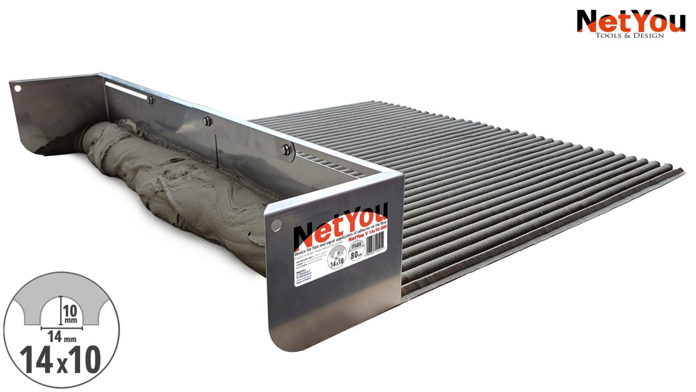 NetYou V - spatola dentata regolabile per un'applicazione uniforme e rapida della colla sul pavimento, larghezza massima 80 cm